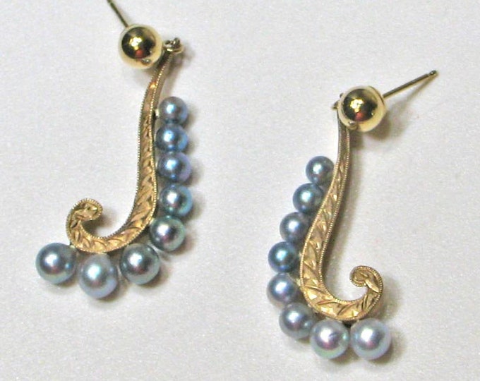 Vintage Blue Gray Pearl Gold Drop Earrings