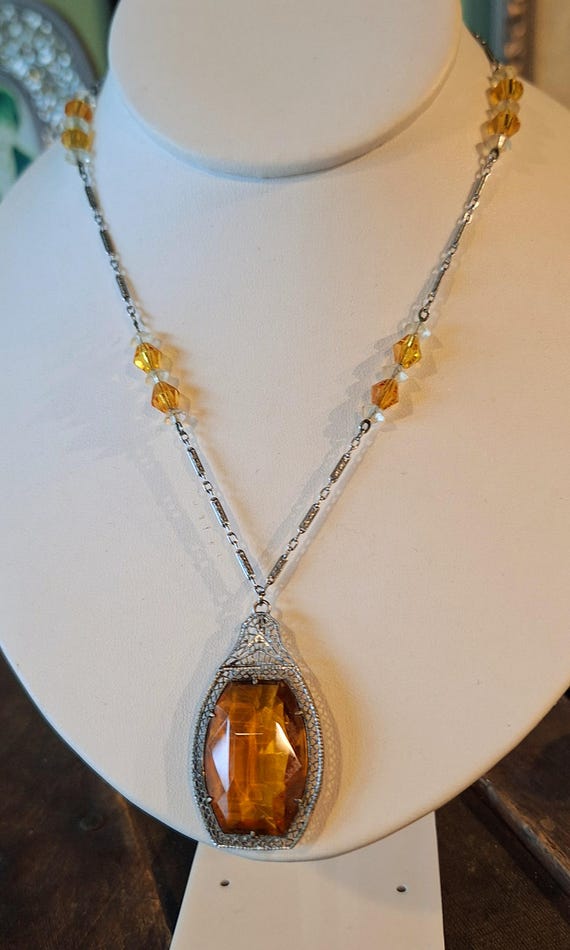 Art Deco Silver Tone Citrine Colored Glass Necklace