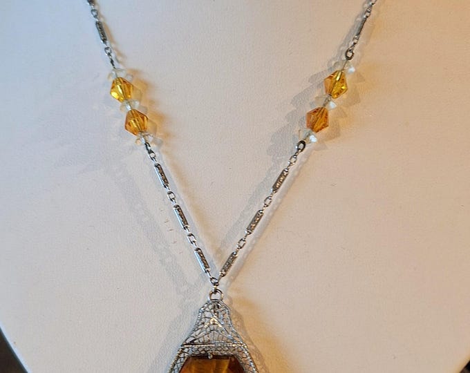Art Deco Silver Tone Citrine Colored Glass Necklace