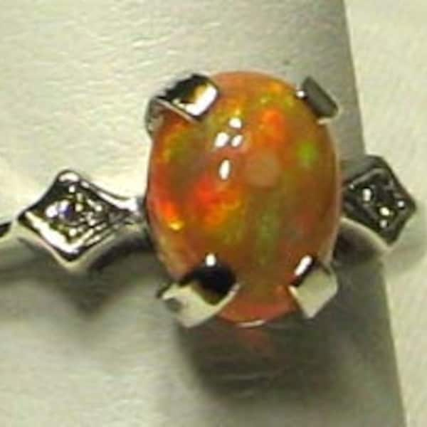 White Gold Mexican Fire Opal and Diamond Ring