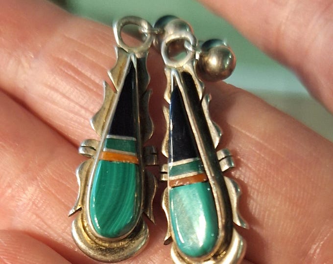 Ornate Southwestern Sterling Silver Malachite and Onyx Earrings