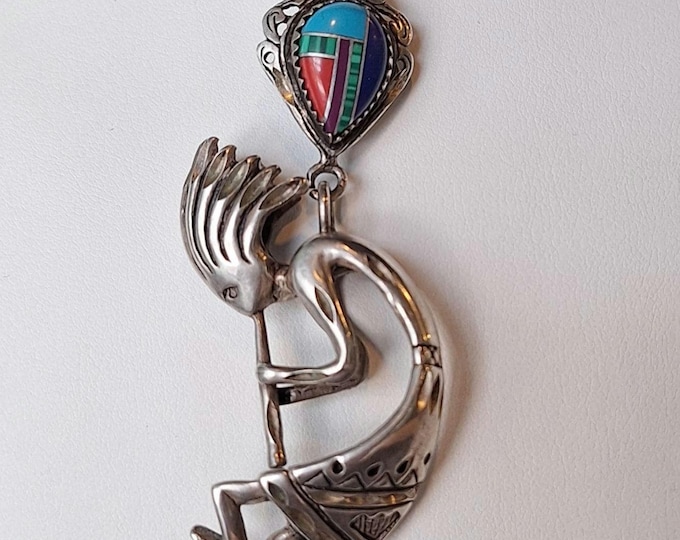 Sterling Silver Kokopelli Pendant with Mosaic Gemstones and Chain