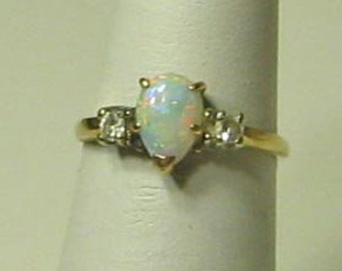 14K Yellow Gold Natural Pear Cabochon Opal and Diamond Ring