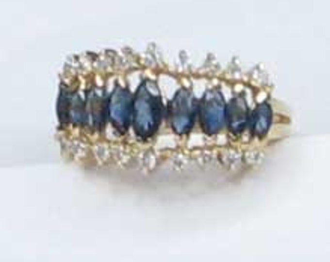 Gold Marquise Cut Natural Sapphire and Diamond Ring