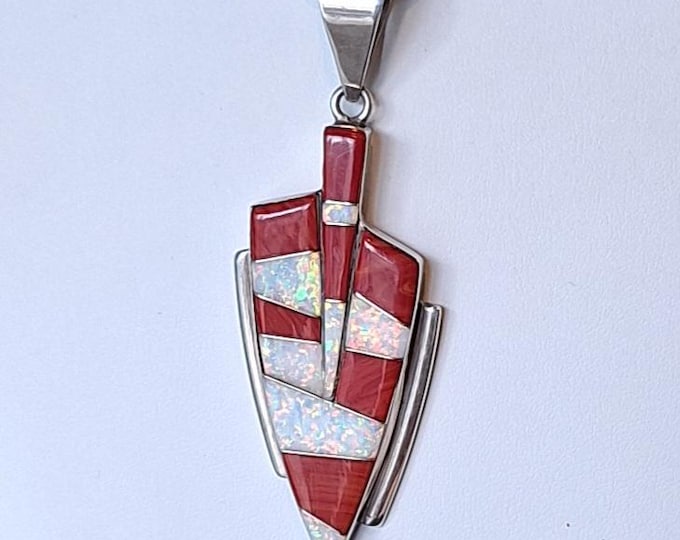 Sterling Silver Signed Native American Opal and Spiney Coral Pendant