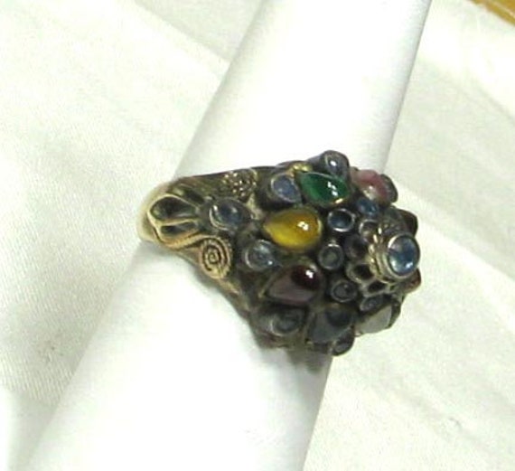 Vintage Gold Silver Topped Bejeweled Tourist Ring - image 9