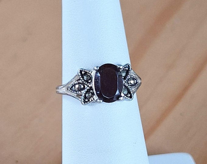 Sterling Silver Garnet and Marcasite Ring