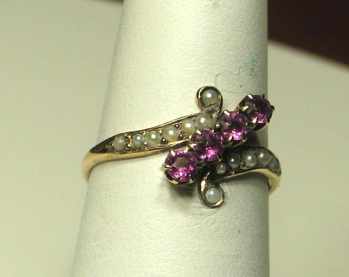 Vintage Victorian Pink Sapphire and Seed Pearl Ring