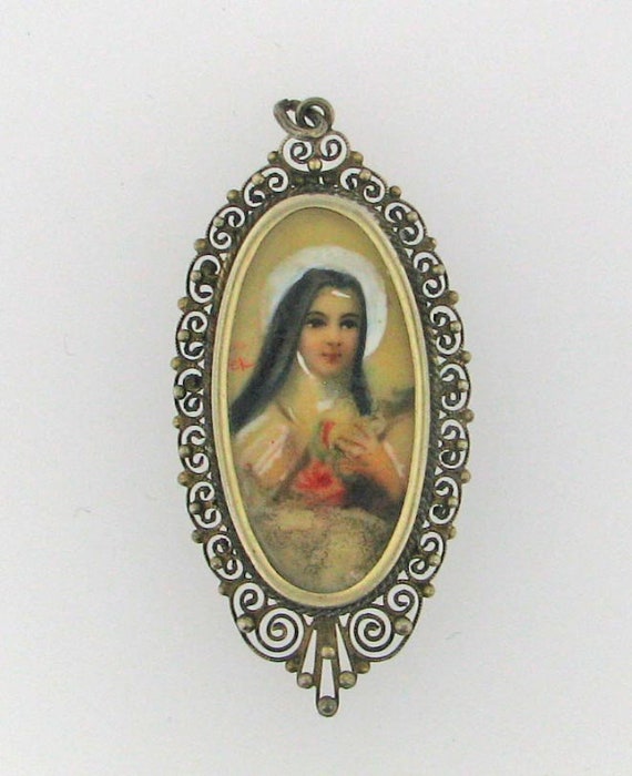 Vintage Victorian Virgin Mary Painted on Glass Ste