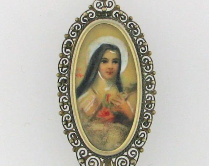 Vintage St. Therese of Lisieux Painted on Glass Sterling Pendant
