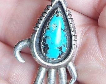 Sterling Silver Turquoise Native American Bear Paw Pendant