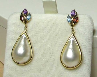 Gold Multi-Gemstone and Mabe Pearl Dangle Earrings
