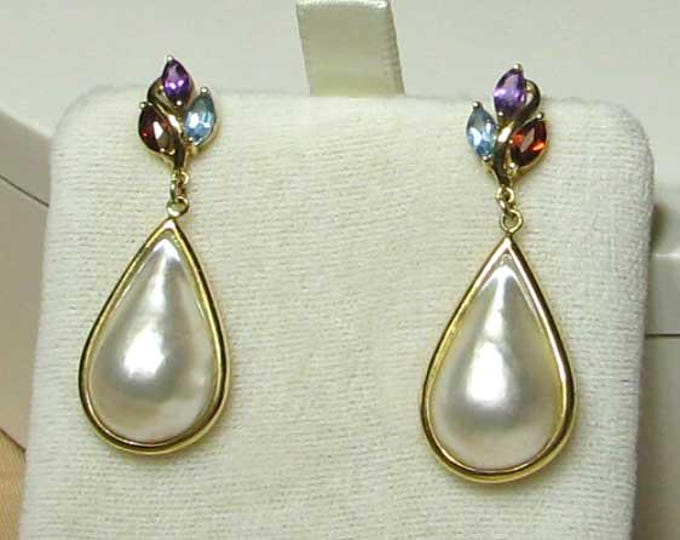 Gold Multi-Gemstone and Mabe Pearl Dangle Earrings