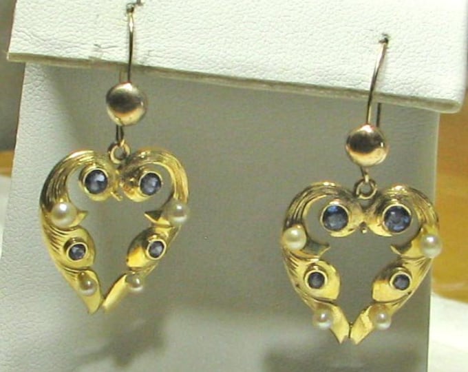 Vintage Edwardian Gold Natural Sapphire and Pearl Heart Earrings