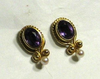 14K Yellow Gold Etruscan Revival Amethyst and Pearl Earrings