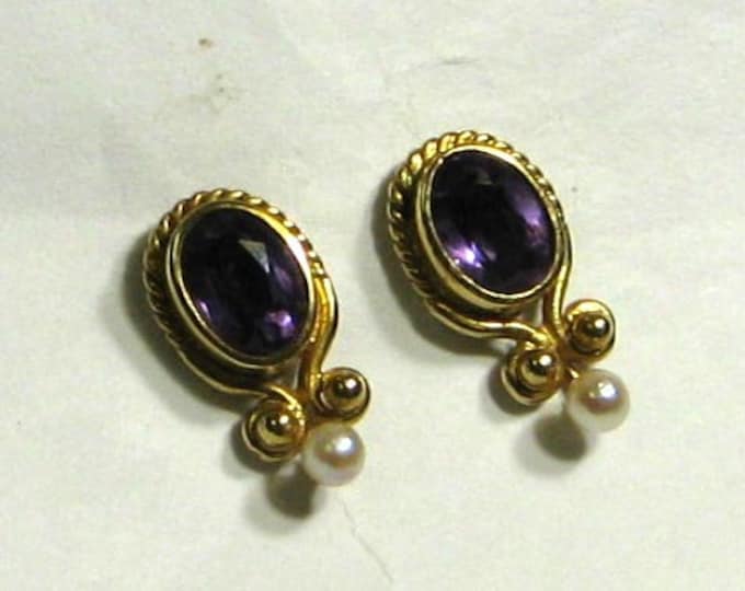 14K Yellow Gold Etruscan Revival Amethyst and Pearl Earrings