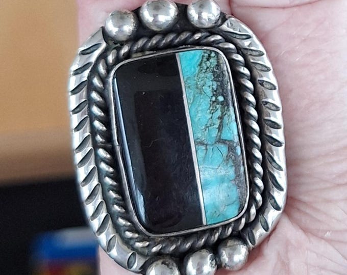 Large Native American Turquoise and Onyx Ring