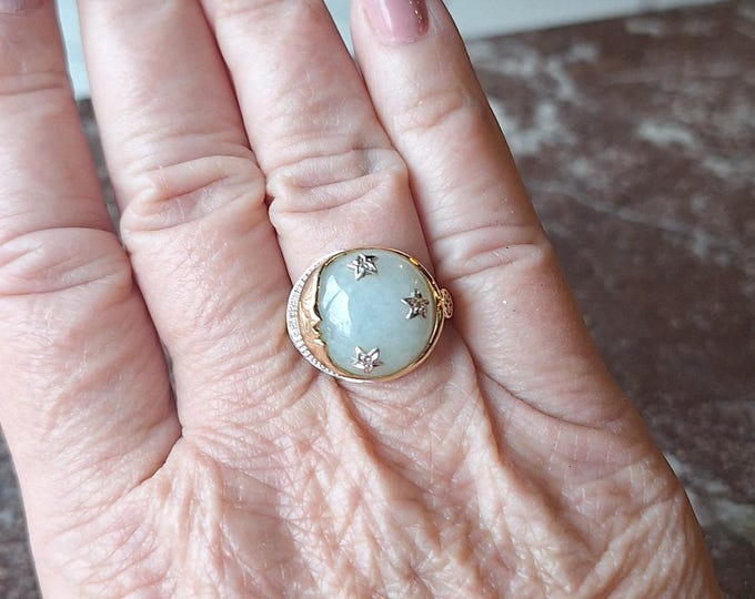 14KY Jadeite Jade Moon and Stars Statement Ring