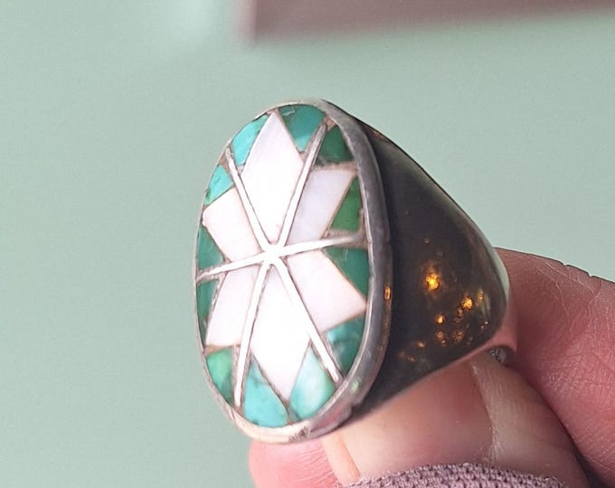 Native American Silver Mother of Pearl and Turquoise Six Point Star Ring