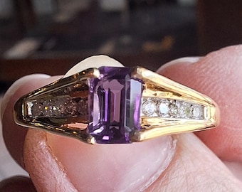 Dainty 10K Yellow Gold Amethyst and Diamond Ring