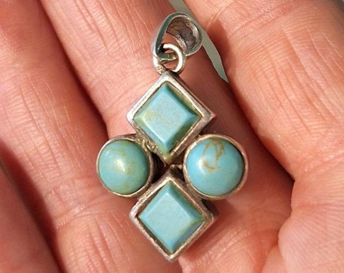 Artistic Sterling Silver Turquoise Circle Square Motif Pendant
