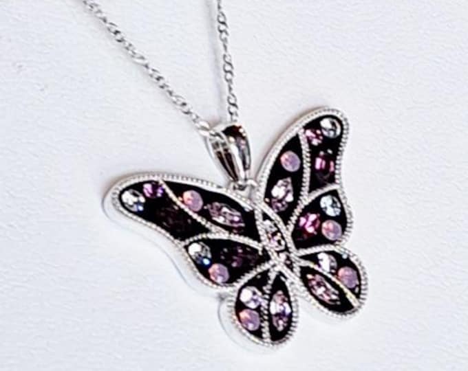 Sterling Silver Purple Crystal Butterfly Pendant with Chain