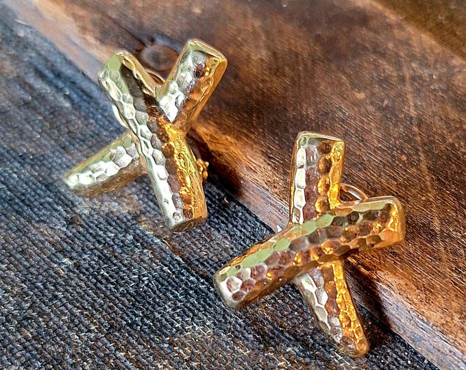 14K Yellow Gold Hammered X Shaped Earrings