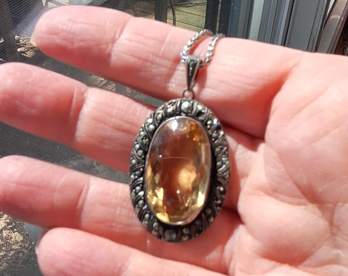 Vintage Art Deco Sterling Silver Citrine and Marcasite Pendant