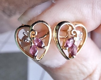 Super Adorable 14K Yellow Gold Ruby and Diamond Heart Shaped Earrings