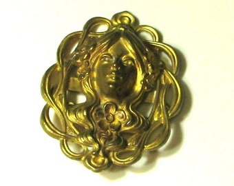 Gold Tone Art Nouveau style Lady Brooch Pin