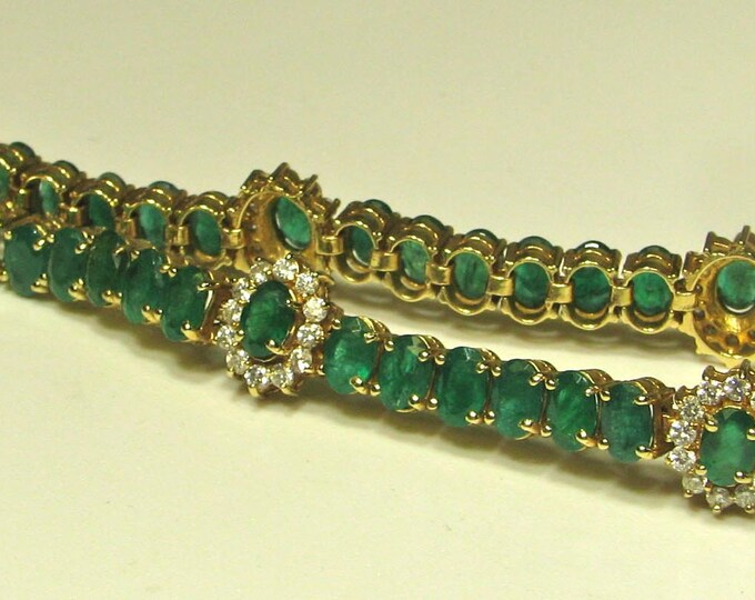 Long Ideally Green Colored Emerald and Diamond Bracelet