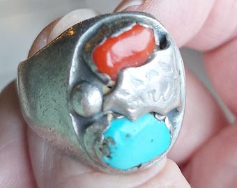 Gents Sterling Silver Coral and Turquoise Ring