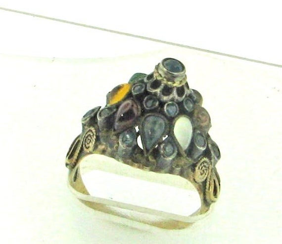 Vintage Gold Silver Topped Bejeweled Tourist Ring - image 3