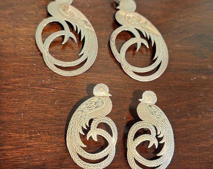 Silver Quetzal Decorative Pendant Brooch and Earring Set