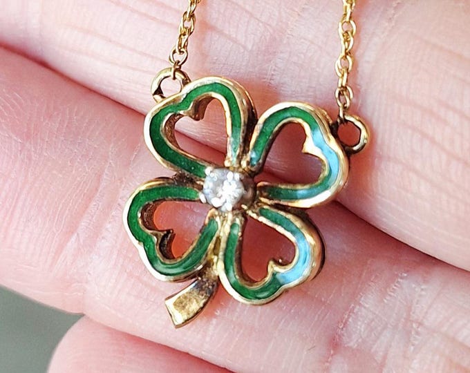 14K Enameled Four Leaf Clover Diamond Pendant