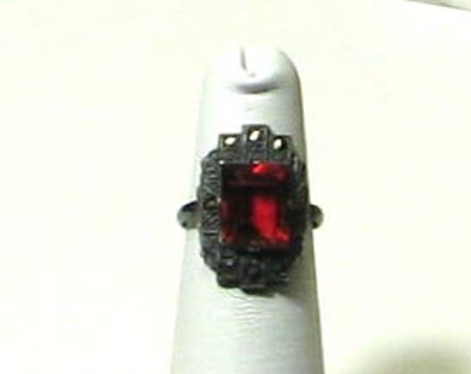 Vintage Sterling Silver Red Glass and Marcasite Ring
