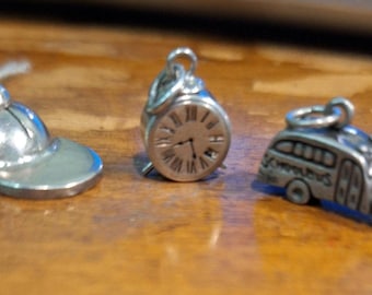 Vintage Sterling Silver School Bus Clock and Baseball Cap Charms