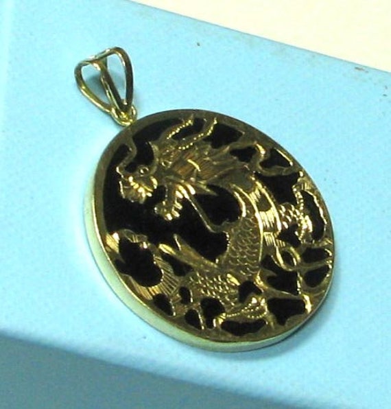 14K Gold Shay Dragon on Black Pendant - image 3