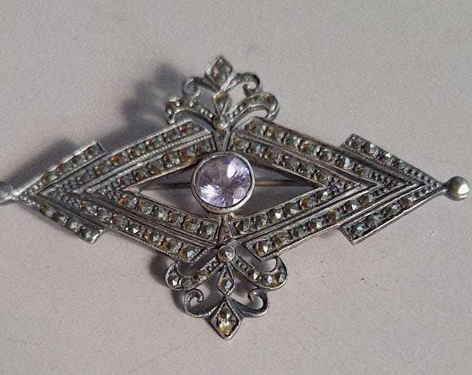 Vintage Late Edwardian Early Deco Sterling Silver Amethyst and Marcasite Brooch