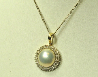 14K Yellow Gold Mabe Pearl and Diamond Pendant