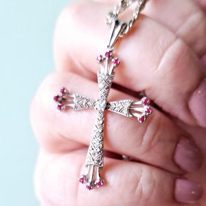 Ornate 18K White Gold Ruby and Diamond Cross
