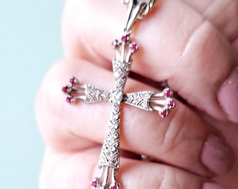 Ornate 18K White Gold Ruby and Diamond Cross
