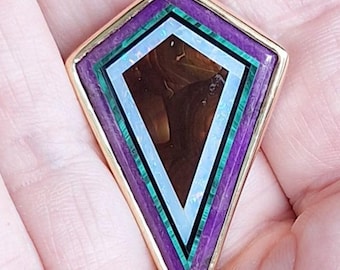 14K Yellow Gold Framed Intarsia Brooch Pin with Boulder Opal, Opal, Malachite and Sugulite