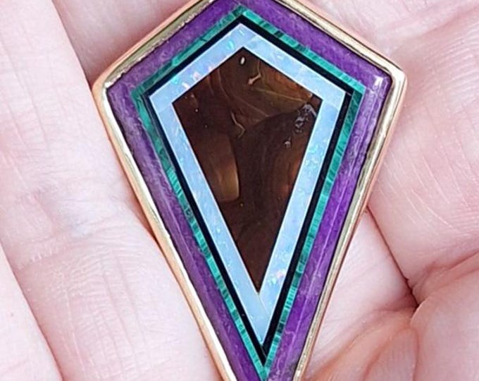14K Yellow Gold Framed Intarsia Brooch Pin with Boulder Opal, Opal, Malachite and Sugulite