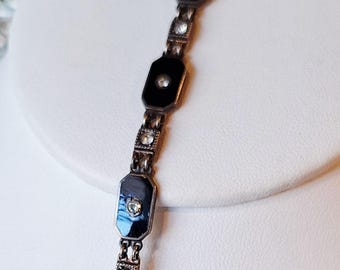 Vintage Art Deco Sterling Silver Onyx and Rhinestone Link Bracelet