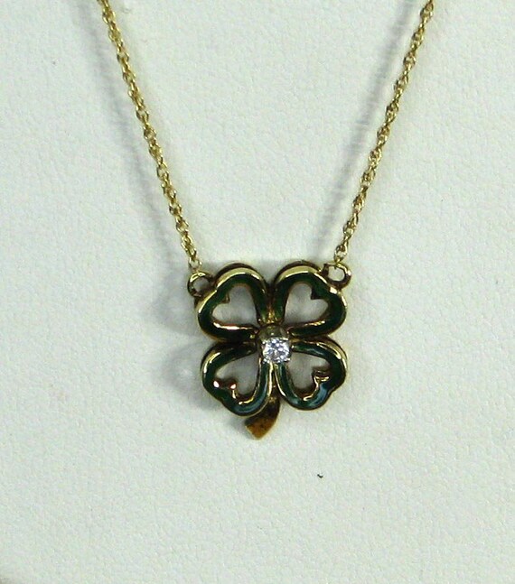 14K Enameled Four Leaf Clover Diamond Pendant - image 4