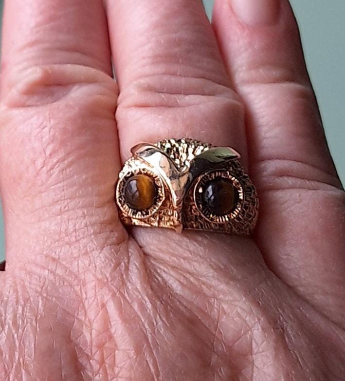10K Gold Owl Ring with Tiger Eye display picture 2