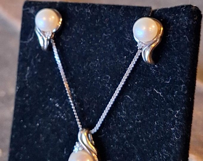 Sterling Silver and 14K Cultured Pearl and Diamond Pendant and Earring Set