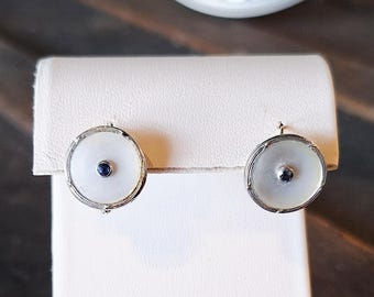 Vintage Art Deco 18K Mother of Pearl and Sapphire Earrings