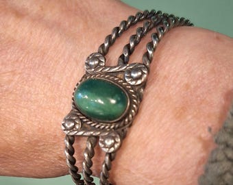 Sterling Silver Fred Harvey Style  Green Turquoise Bracelet